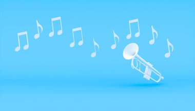 Mavi arka planda beyaz trompet, 3 boyutlu illüstrasyon