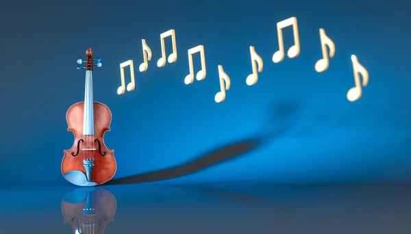 classical violin with notes on a blue background, 3d illustration