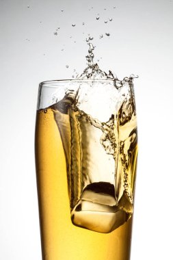 Bira izole edildi. Beyaz buzlu bir bardak bira.
