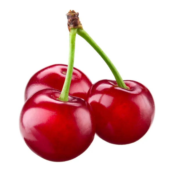 Cherry isolato. Ciliegie su sfondo bianco. Ciliegia acida. Tre ciliegie rosse . — Foto Stock