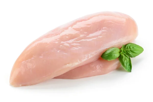 Raw chicken fillet with basil. Raw chicken isolated on white — Stock Photo, Image