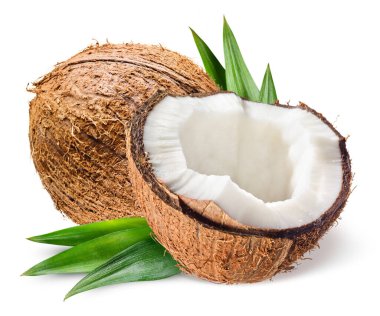 Coconut with half and leaves on white background clipart