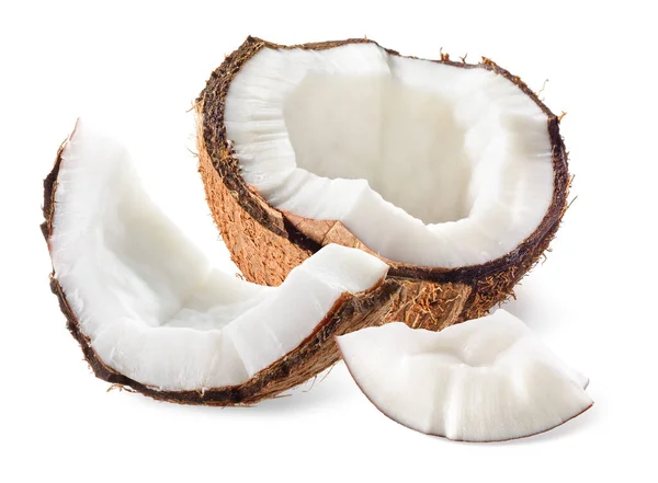 Kokosnoot Helft Met Stukjes Witte Achtergrond — Stockfoto