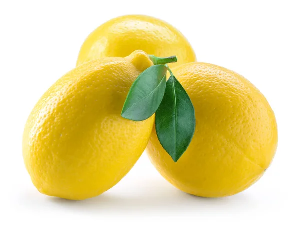 Frische Zitronen Mit Blättern Isoliert Auf Weiß — Stockfoto
