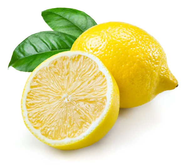 Zitrone Früchte Mit Blättern Isoliert Auf Weiß — Stockfoto