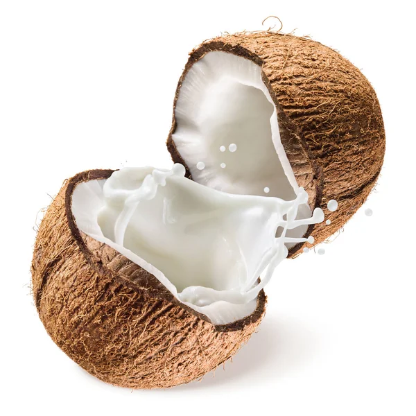 Coconut Half Milk Splash White Background — Stock Photo, Image