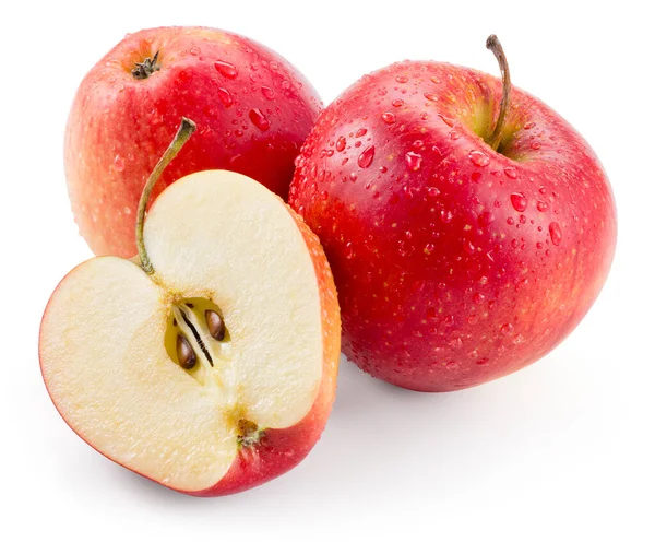Pomme Rouge Fruits Avec Gouttes Isolées Avec Chemin Coupe — Photo