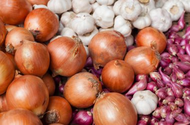 Sarımsak ve soğan. Sebzeler. Arkaplan.