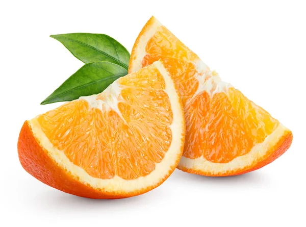 Orangenfrüchte Scheiben Mit Blättern Isoliert Auf Weiß — Stockfoto