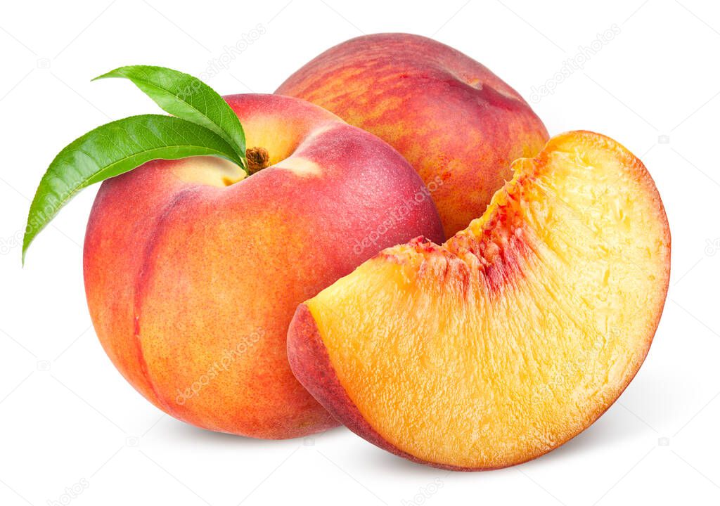 Peach. Fruit with slice isolated on white background