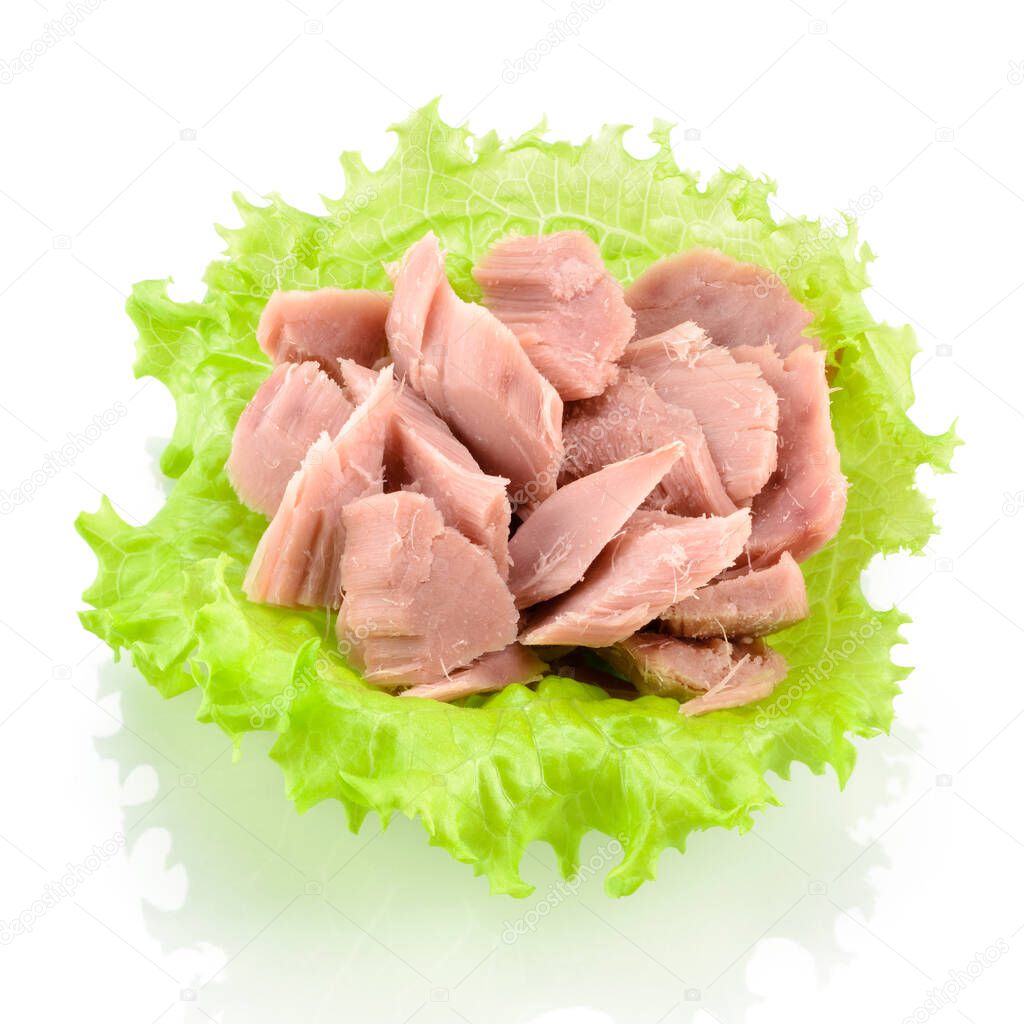 Canned tuna with green salad isolated on white