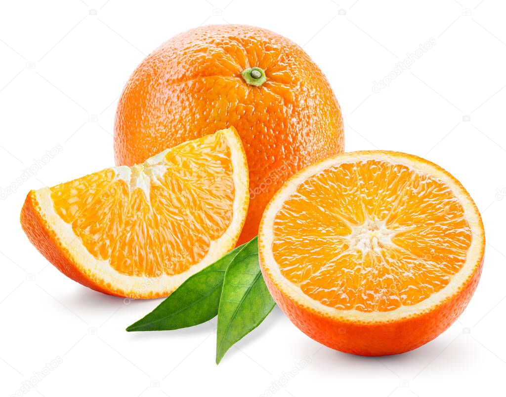 Orange. Whole, half and slice of fruit with leaves isolated on white