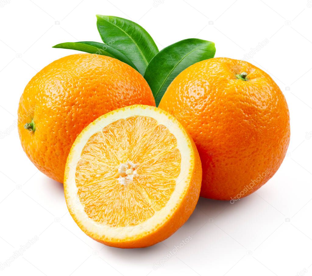 Orange fruits with leaves isolated on white