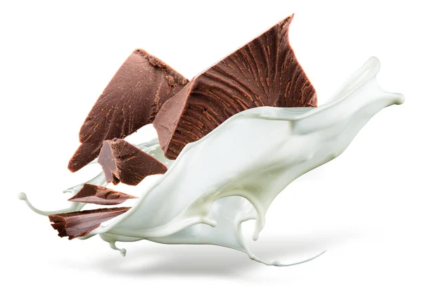 Chocolate Está Cayendo Leche Salpicadura Aislada Sobre Fondo Blanco —  Fotos de Stock