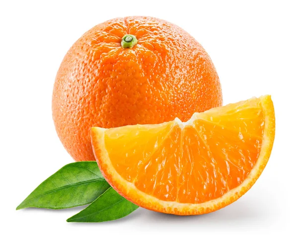 Orange Frukt Med Skiva Och Bladen Isolerad Vit Bakgrund — Stockfoto