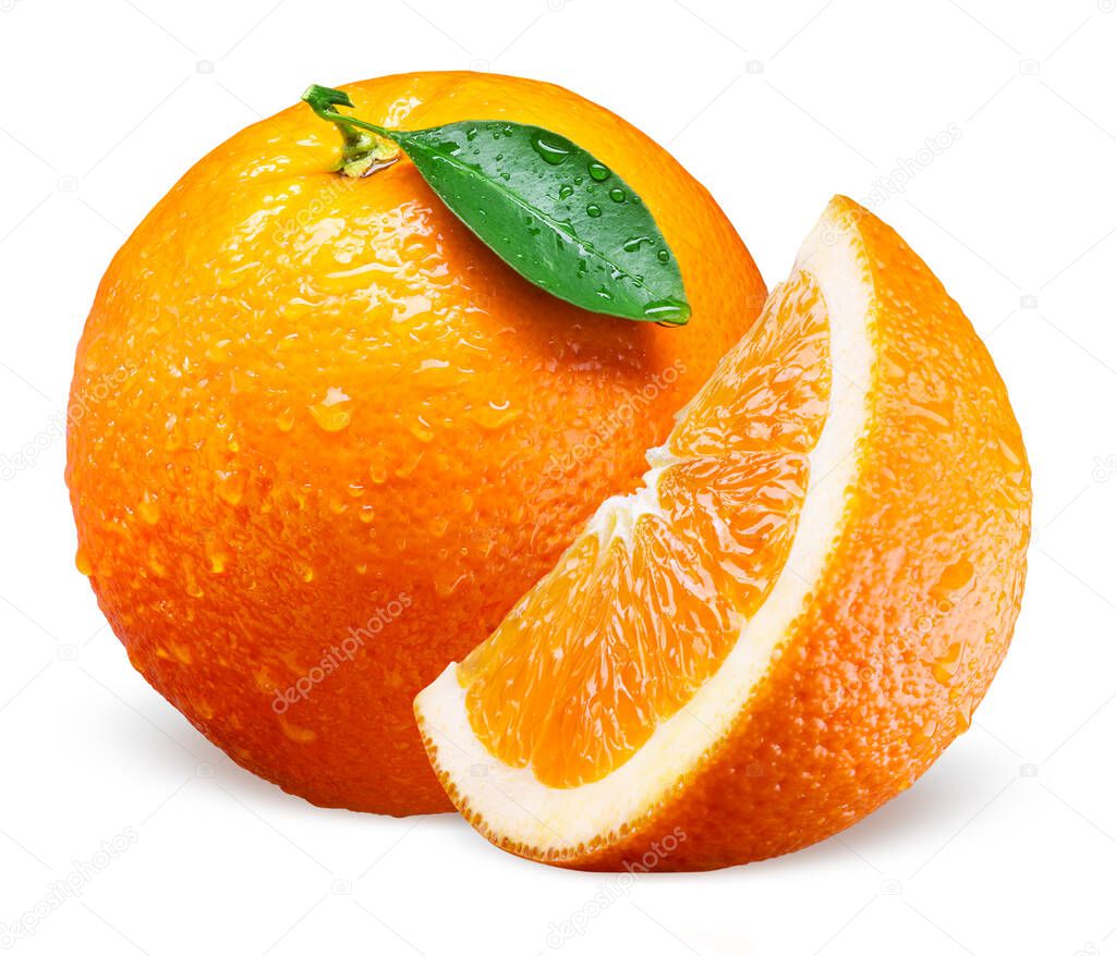 Orange fruit with drops. Whole, slice and leaf isolated on white