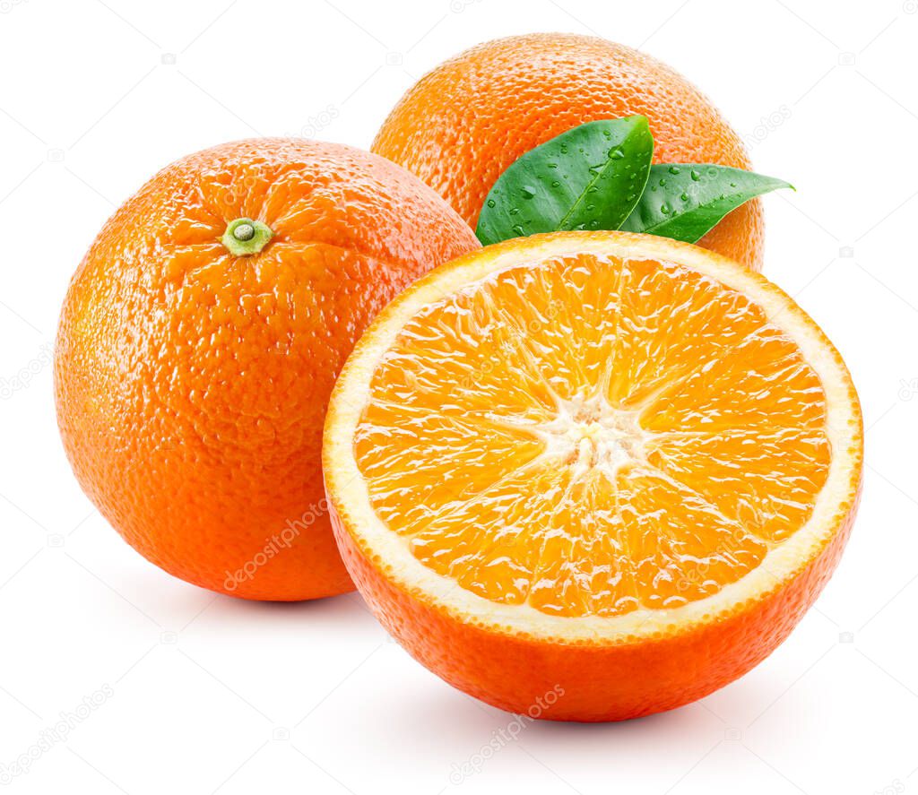 Orange fruit with wet leaves isolated on white
