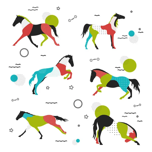 Salto a cavallo. Allenamento cavalli. Cavallo in stile pop art, con elementi geometrici . — Vettoriale Stock