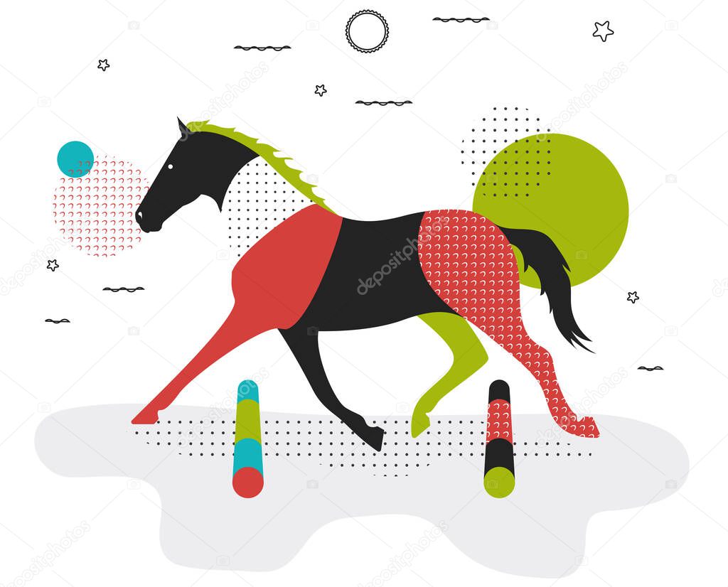 Horse jumping. Horse training. Horse in pop art style, with geometric elements
