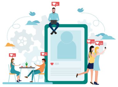 Genç erkekler ve kadınlar büyük akıllı telefonun yanında duruyorlar ve akıllı telefonlar kullanıyorlar, haberleri okuyor ve arkadaşlarına mesaj gönderiyorlar. Sosyal ağlara bağımlılık. İnternet bağımlılığı. Akıllı telefon bağımlılığı