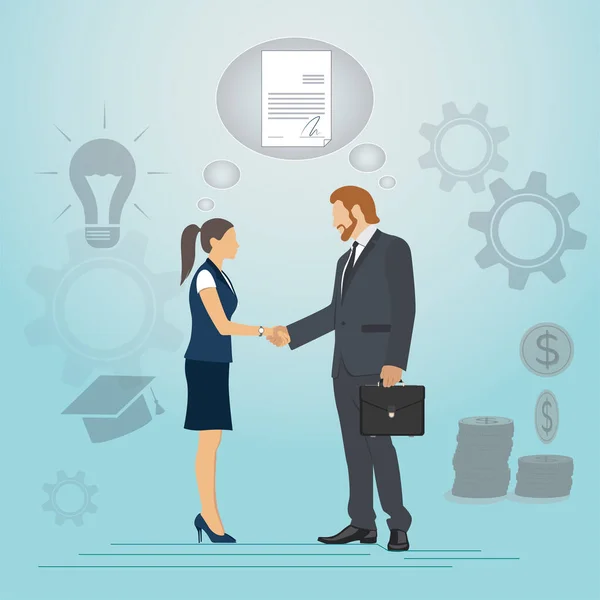 Business man partnership beginning. Businessman partners shaking hands after signing contract agreement closing deal sitting at negotiations table. — Stock Vector