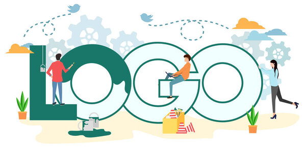 logo creation process. A group of people are working on the logo. Vector illustration branding design process. Separate objects.