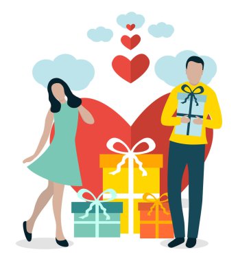 Mutlu aşıklar. Genç bir çift. Kalp, aşk ve çiçekler.