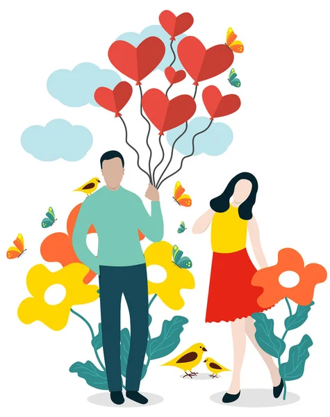 Счастливые любовники. Молодая пара. Сердце, любовь и цветы . — стоковый вектор