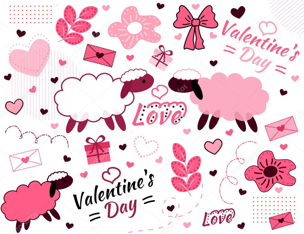 Valentines Day. Cute background with sheep, gifts, letter, leaves and heart