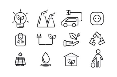 Bir dizi ekoloji ikonu. Doğayı kaydet, güneş panelleri kullan, geri dönüşüm kullan, eko-arabalarla seyahat et.