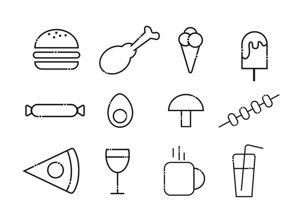 A set of food icons. Includes: ice cream, tea, coffee, burger, candy, ice cream, glass of wine, chicken leg, kebab, pizza, juice, egg, mushroom — Stock Vector