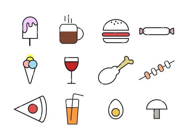 Un conjunto de iconos de la comida. Incluye: helado, té, café, hamburguesa, dulces, helado, copa de vino, pierna de pollo, kebab, pizza, jugo, huevo, champiñón — Vector de stock