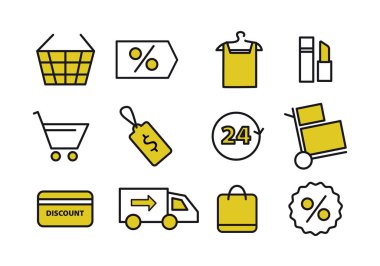 Çevrimiçi dükkan simgesi seti. Set elementlerinde: Sepet, indirim, kıyafetler, ruj, kozmetik, tramvay, etiket, 24 saat, teslimat, paket