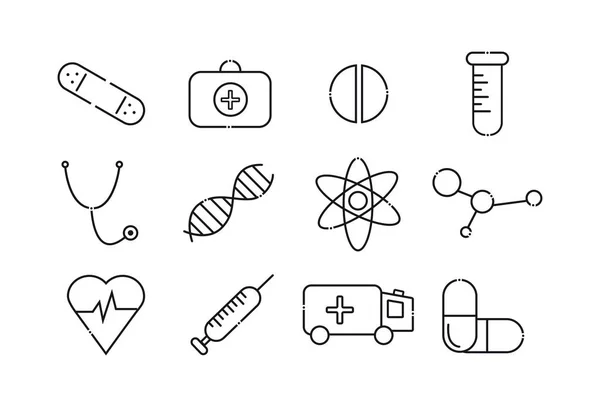 Set di icone delle medicine. Elementi del set: compressa, DNA, siringa, capsula, cuore, valigia medica, stetoscopio, ambulanza, ambulanza, provetta . — Vettoriale Stock