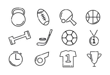 Spor simgeleri ayarlandı. Sette elementler: kettlebell, futbol topu, rugby topu, basketbol, dambıl, hokey, kulüp, puck, birincilik madalyası, düdük, tişört, kupa.