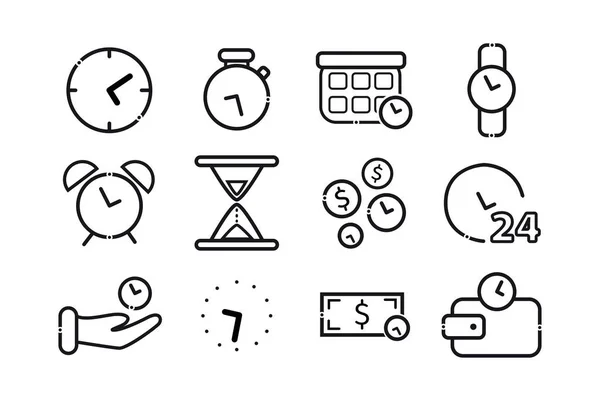 Conjunto de iconos de gestión del tiempo. Elementos en el conjunto: calendario, reloj despertador, reloj de arena, reloj de pulsera, reloj, tiempo es dinero, temporizador, hora en la mano . — Archivo Imágenes Vectoriales