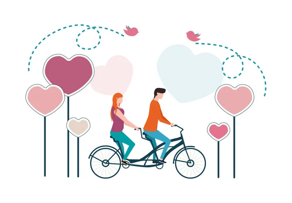 Пара, катающаяся на велосипеде вместе. День Святого Валентина. Мужчина и женщина на велосипеде . — стоковый вектор