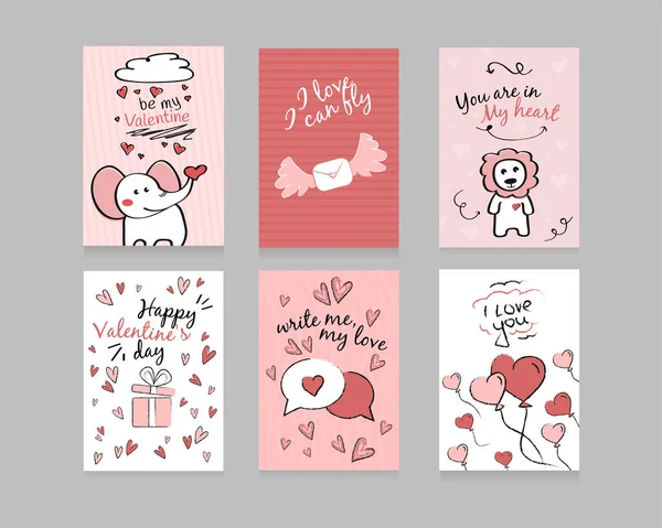 Valentines Day. Set of cards: elephant, lion, balloons from hearts, happy Valentines day, I love you, you are in my heart, I love and I can fly, banner — 스톡 벡터