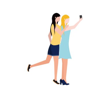 İki kız selfie çekiyor. Telefondaki fotoğraf..