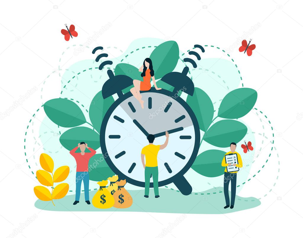 People near the clock. Waste of time. Organization of time. A woman is sitting on a watch. A man controls the clock. The man grabbed his head. A man holds a list.