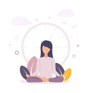 Meditasyon. Bir kadın büyük bir saatin yanında meditasyon yapıyor. Kız meditasyon yapıyor. Kadın dinleniyor..