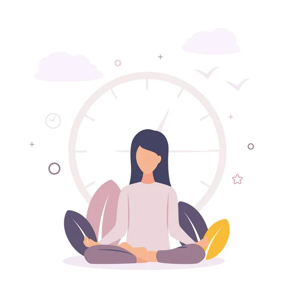 Meditación. Una mujer está meditando cerca de un gran reloj. Chica descansando meditando. La mujer se está relajando . — Vector de stock