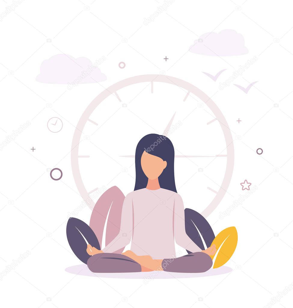 Meditation. A woman is meditating near a big clock. Girl resting meditating. The woman is relaxing.
