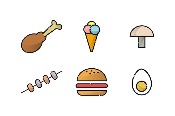 Comida, ícones de comida. Refeição, comida, almoço, jantar, almoço, carne, frango, sorvete, sobremesa, cogumelo, hambúrguer, ovo —  Vetores de Stock