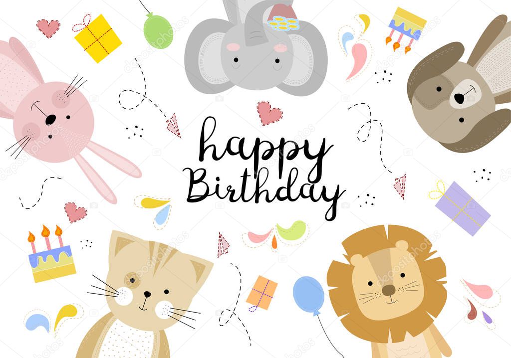 Illustration with animals. Greeting card with animals. Greeting card with a rabbit, elephant, dog, cat, lion. Happy Birthday