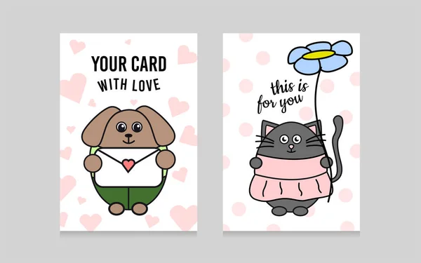 감사 카드 세트. 고양이가 꽃을 들고 있는 그림. 고양이와 인사 카드. 고양이가 꽃을 들고 있습니다. 옷입은 새끼 고양이. 강아지의 예를 들어 보겠습니다. 개와 인사 카드. — 스톡 벡터