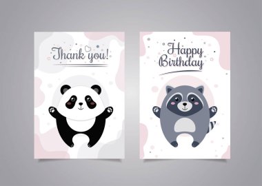 Hayvanlar ve metinlerle illüstrasyon. Bir hayvanla tebrik kartı, ayıyla. Teşekkürler. Teşekkürler panda tebrik kartı. Rakun 'la Doğum günün kutlu olsun.