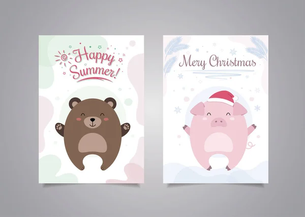 Иллюстрация с животными и текстом. Поздравительная открытка с медведем веселого лета. Открытка со счастливым летним медведем, со счастливой рождественской свиньей. Поздравительная открытка с Рождеством Христовым — стоковый вектор