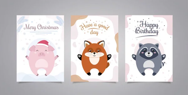 Иллюстрация с животными и текстом. Поздравительная открытка с животным, со свиным Рождеством. Поздравительная открытка с лисой хороший день, с днем рождения енота. С днем рождения! . — стоковый вектор