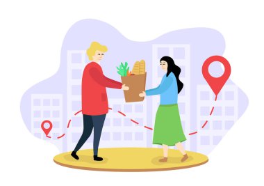 Yaşlılara market teslimatı tasviri. Bir erkek bir kadına bir torba erzak uzatır. Kurye alışverişi kıza teslim etti. Kadın ürün siparişi almış.